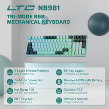 Load image into Gallery viewer, LTC Nimbleback NB981 95% Wireless Mechanical Keyboard, 2.4G/ BT/ USB-C Wired RGB 98 Keys Gaming Keyboard,  3-Layer Dampener, Hot Swap PCB, Software Support, Custom Linear Switch, Red Switch