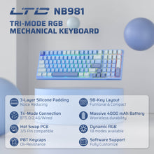 Load image into Gallery viewer, LTC Nimbleback NB981 95% Wireless Mechanical Keyboard, 2.4G/ BT/ USB-C Wired RGB 98 Keys Gaming Keyboard,  3-Layer Dampener, Hot Swap PCB, Software Support, Custom Linear Switch, Red Switch